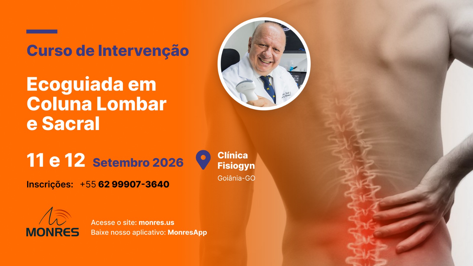 Curso de Intervencao Ecoguiada em Coluna Lombar e Sacral - 11 e 12 de setembro de 2026, Clinica Fisiogyn, Goiania-GO. Inscricoes +55 62 99907-3640